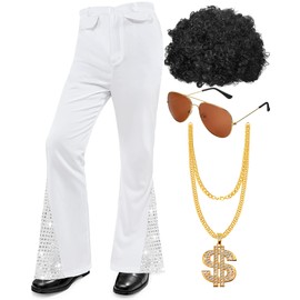 Men's 70s Disco Costume Sequin Pants Mens Bootcut Trousers with Wig Sunglasses Disco Necklace for Party (X Large)