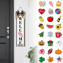 Sintuff Holiday Interchangeable Welcome Sign for Front Door Wood Porch Sign with 24 Pcs Seasonal Icons Home Farmhouse Holiday Welcome Outdoor Festival Seasonal Decoration(Black and White,Buffalo)