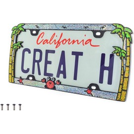Creathome 3D Shining Palm Trees Crab License Plate Frame from Pure Zinc Alloy Metal Perfect Plate Holder, Matt Black with Sliver Glitters