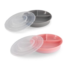 Twistshake 2X Baby Divided Plate with Airtight Lid | Divided Plate for Children | BPA-Free Weaning Plate | Feeding Plate | Grey Pink