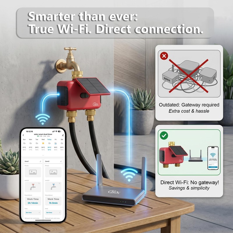 2 Zone WiFi Smart Sprinkler Timer for Garden Hose, Solar
