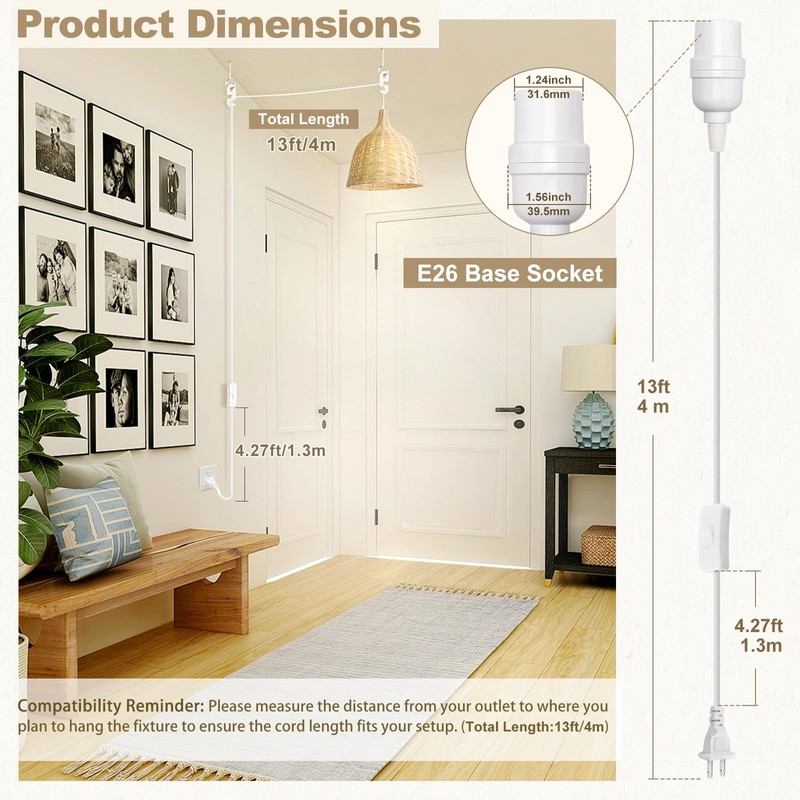 DiCUNO Hanging Lantern Extension Cord Cable, E26 Pendant Light Socket