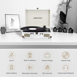 JOPOSTAR Vintage Turntable Record Player Portable 3-Speed Suitcase Design with Bluetooth, PC Recording, Rechargeable Battery, Stereo Speakers 3.5mm Headphone Jack