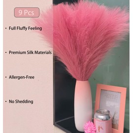 SeptCat 9 Pcs 17" Pampas Grass Decor Pink Faux Dried Fluffy Fake Small Pompas Artificial Pompous Short Stems Bouquet Flower Arrangement Vase Filler for Boho Home Wedding Decoration
