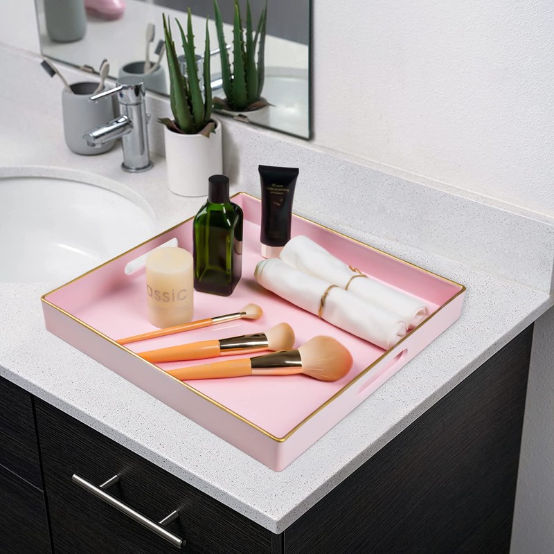 MAONAME Decorative Tray, Pink Serving Tray with Handles, Coffee Table