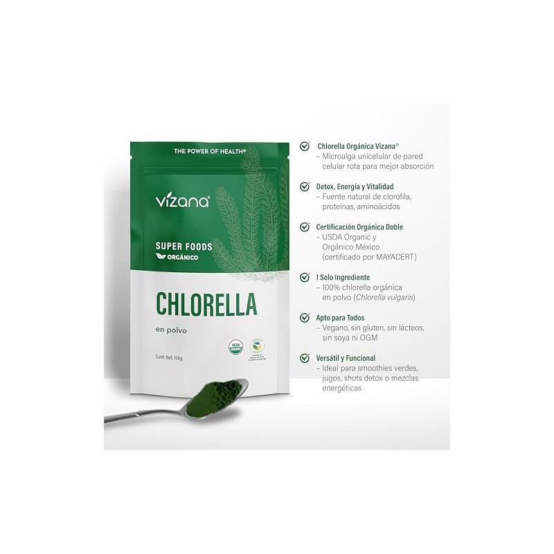 VIZANA NUTRITION | Chlorella Orgánica Certificada USDA en Polvo 100g,