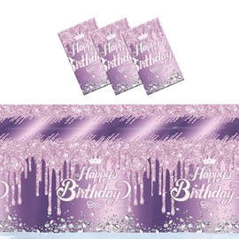 UgyDuky 3Pcs Purple and Silver Party Tablecloth Glitter Diamonds Tablecloth Purple Happy Birthday Tablecover Disposable Rectangle Plastic Table Covers Women Purple Glitter Birthday Party Decor(Purple)