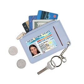 Small Wallets for Women Slim Leather Card Case Holder Wallet Coin Change Purse with Keychain (Blue)