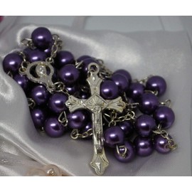 First Holy Communion Purple Rosary Beads 1st Communion Confirmation Girls/Boys Gift Excellent Quality Five Decade Rosary & Silver Crucifix Pearl Effect Beads with Free White Satin Drawstring Pouch