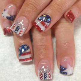 24pcs 4th of July Press on Nails Short Square Red Blue French Tip Fake Nails with American Flag Glitter Design Independence Day Star False Nails Patriotic Acrylic Nails Glue on Nails for Women
