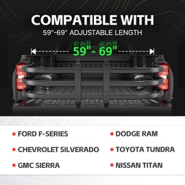 SOENBOO Truck Bed Extender, Aluminum Retractable Tailgate Extender, 59"-69" Adjustable Length, Drill Required, Fits for Chevy Silverado & GMC Sierra, Ford F-Series, Dodge Ram, Tundra, Nissan Titan