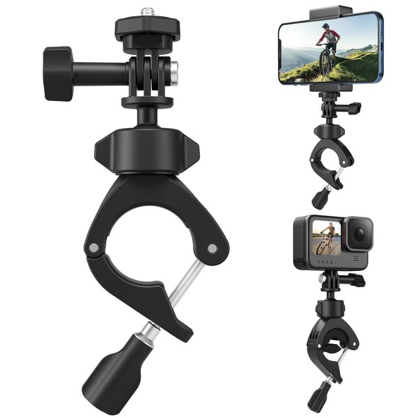 TELESIN 360° Rotatable Bicycle Handlebar Mount with Mobile Phone Holder for GoPro Hero 12 11 10 9 8 7 6 Max Mini, Insta360 X3 GO3, DJI, Smartphones, Bicycle Motorcycle Rear View Mirror Tube Mount