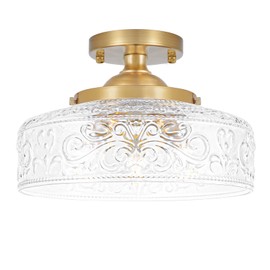 Gold Semi Flush Mount Ceiling Light, 3-Light Close to Ceiling Light with Globe Glass, Vintage Hallway Lights, Brass Closet Light Fixture, Kitchen Flush Ceiling Mount for Entryway Bedroom Bathroom,E12