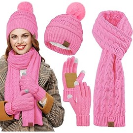 URATOT Winter Beanie Hat Scarf Gloves 3 in 1 Set for Women Fleece Lined Beanie Pompom Hat Touchscreen Gloves Long Scarf Hot Pink