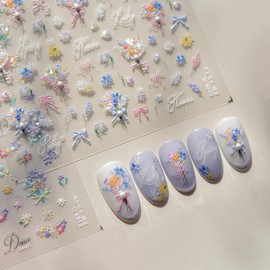 Spring Flower Nail Art Stickers 5D Flower Nail Decals with Pearl 1PCS Shell Light Floral Flowers Bouquet Bow Design Summer Nails Adhesive Decals Nail Art Supplies for Women Manicure Nail Decorations