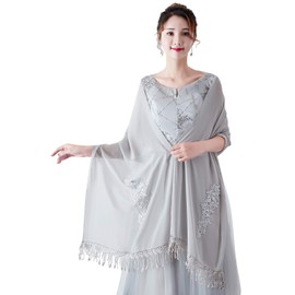YAOMEI Womens Wrap Stoles Scarf Scarves Shawl, Chiffon Embroidery Spring Large Neckerchief for Weddings Bridal Bridemaids Evening Wear Party (One Size: 86.6 * 19.7 inches (220cm*50cm), Silver)