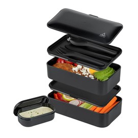 Restaurantware Bento Tek 40.5 Ounces Stackable Lunch Box 1 Reusable Adult Lunch Container - With Utensils Included Sauce Cup Black Plastic Layered Lunch Box Microwavable Dishwashable