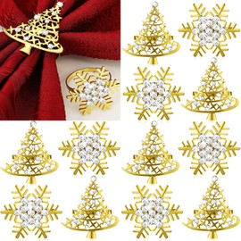 12 Servilleteros Navideños con Diamantes de Imitación Servilletero con Forma de Copo de Nieve y Árbol de Navidad Servilletero de Metal para Navidad Boda Decoración de Mesa (Dorado)