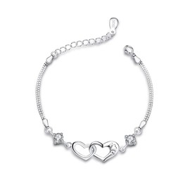 Bo&Pao Women's Double Hearts Bracelet 925 Sterling Silver with Cubic Zirconia, 20 cm, Adjustable