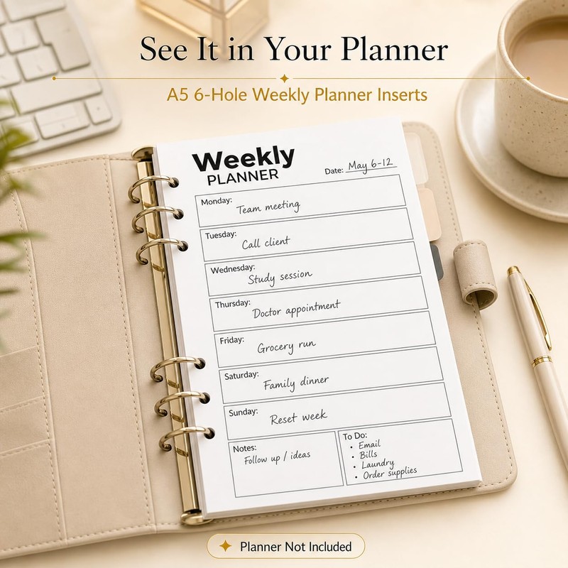 A5 Weekly Planner Inserts, Undated 6-Hole Refill Pages with Monday-Sunday