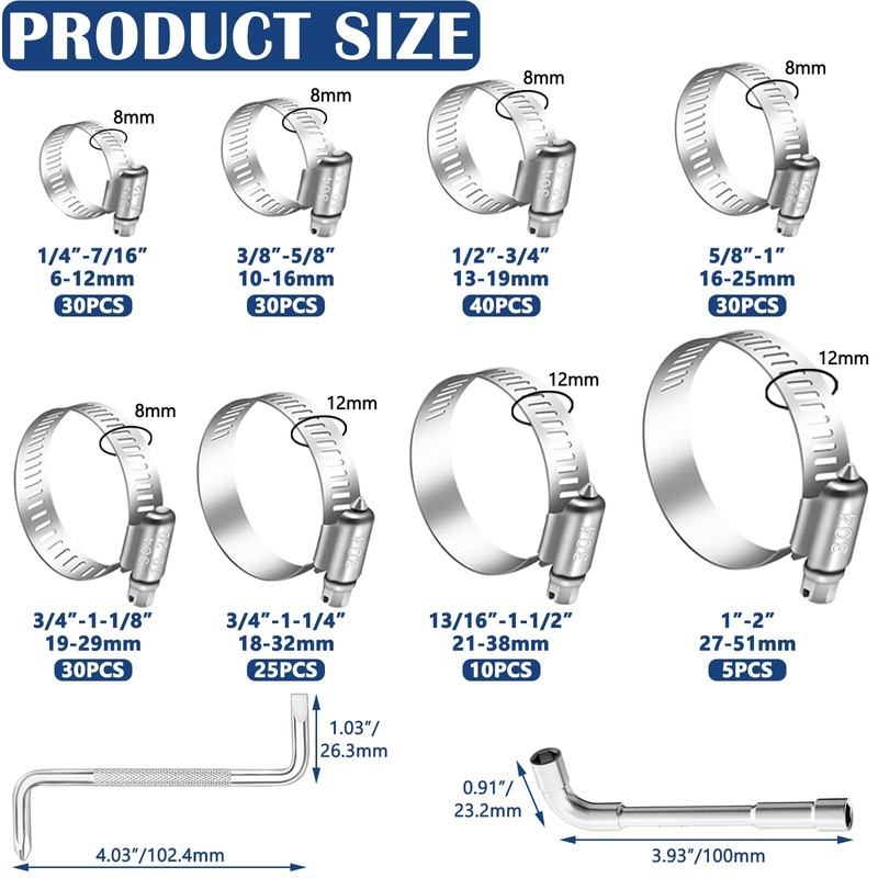 maierke 200PCS Hose Clamp Assortment 304 Stainless Steel Hose Clamp