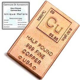 Half Pound Copper Bar Bullion Paperweight - 999 Pure Chemistry Element Design with Certificate of Authenticity by Unique Metals