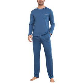 Litherday Men's Pyjamas Sets Long-Sleeve Cotton Pjs Set 2 Piece Loungewear Nightwear Tops and Bottoms with Pockets Cobalt Blue