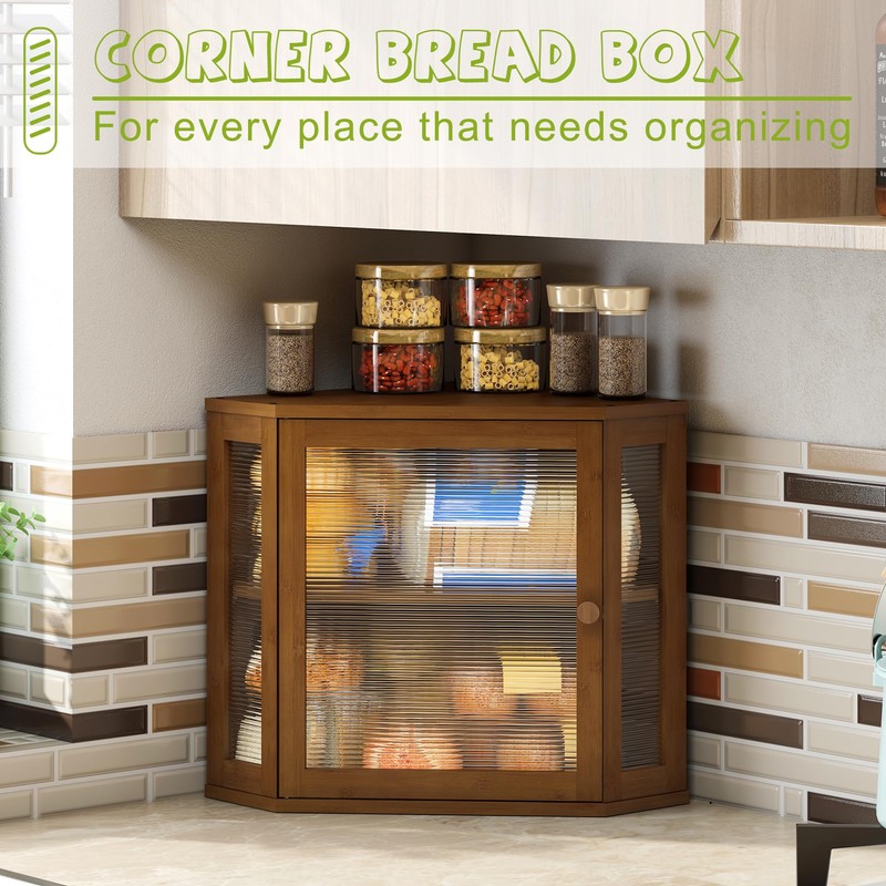 BMOSU Corner Bread Box for Kitchen Countertop Double Layer Bamboo