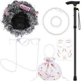 Matiniy 9 PCS Old Lady Wig Set for Women Include Wig Glasses Necklace Bracelet Glasses Chain Bag Cane and Stickers (Style8)