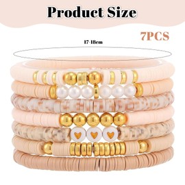 BelleVive Pack of 7 Friendship Bracelets, Trendy Heishi Clay Bead Bracelets, Stackable Stretch Bracelets with Gold Beads for Women, Boho Stacking Bracelets, Cute Preppy Jewellery, L, Plastic