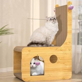 Cat Scratcher House, Cat Scratcher Board, 3 in1 Function, Cat Scratching Pad for Indoor Cats to Procect Furniture, with 4 Bells to Rest, Grind and Play(Large)