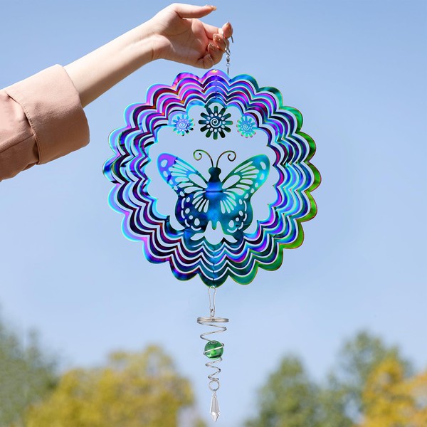 Butterfly Wind Spinner with Tail Spinner- 3D Gradient Color Garden Spinner with Ball Spiral Tail, Kinetic Hanging Wind Catcher Sculptures for Xmas Gift Indoor Outdoor Window Decor