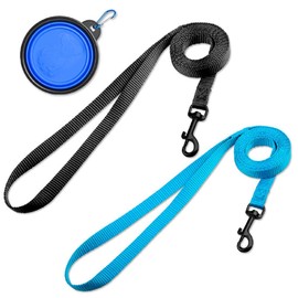 DOYOO 2 Pack Puppy Dog Leash Cat Leash, Strong and Durable Leash with Easy to Use Collar Hook - Dog Leashes for Cat with Collapsible Pet Bowl Great for Small and Medium Dog (Set 1-Black+Blue)