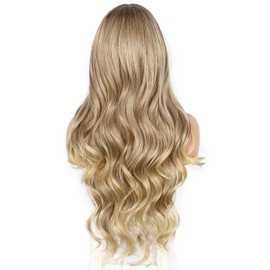 Sapphirewigs Brown 13x4 Synthetic Lace Front Wig Body Wave Dark Roots Brown Balayage Kanekalon Futura Wig Party Date Daily Wear Natural Looking Wig 26inch