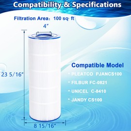 Poolimpid CS100 Pool Filter Compatible with Jandy CS100, R0462200, PJANCS100, Unicel C-8410, Filbur FC-0821, 100 Sq.ft Filter Cartridge1 Pack
