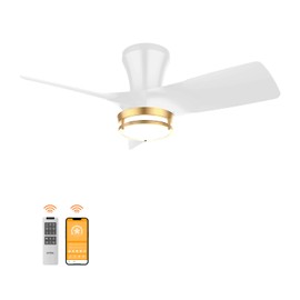 OPONL 30" White low profile Ceiling Fan with Light, with Gold Trim Ring, Large Air Volume, flush mount ceiling fan for Bedroom Kitchen Dining room Patio