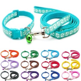 Doggie Style Store Small Dog Puppy Pet Collar and Lead Set Pawprint Design Nylon Adjustable Size 19-32cm Collar with Bell and 120cm Leash Aqua Blue Turquoise