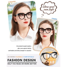 MARE AZZURO Oversized Reading Glasses 2.0+ Women Fashion Round Readers 1.0 1.25 1.5 1.75 2.0 2.25 2.5 2.75 3.0 3.5 4.0 5.0 6.0 (Black, 2.00)
