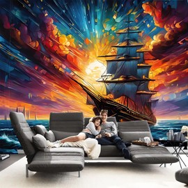 FENDROM Nautical Tapestry Vivid Color Ghost Sailboat Wall Art Fantasy Ocean Scenery Psychedelic Aesthetic Wave Sailing moon Wall Hanging Tapestries For Bedroom Living Room