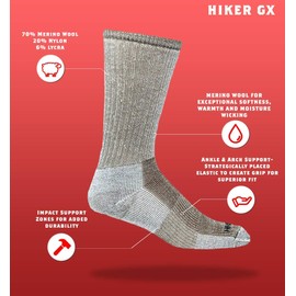 J.B. Field's Hiker GX 74% Merino Wool Hiking Crew Sock, All Season, Trekking & Outdoor Activity, 3 Pairs (X-Large), Taupe