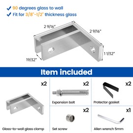 Muzata 2Pack Brushed Wall to Glass Clamp 90 Degrees Glass Railing Clamp Fit for 3/8"-1/2"(10mm-12mm) Thinkness Balustrade Railing Pool Fence GA09