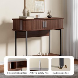 ECOTINY Fluted Entryway Table, 39.4" Narrow Console Table with Storage & Sliding Doors, Modern Round Corner Sofa Table, Mid Century Wooden Entry Table for Living Room, Hallway, Kitchen, Walnut