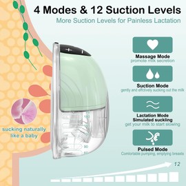 Electric Breast Pump, 4 Modes and 12 Levels, Handsfree Breast Pumps, Portable Electric Breast Pump, Painless Strong Suction, Low Noise Leakage Prevent with 17/19/21 mm Flanges (2 Pieces, Green)