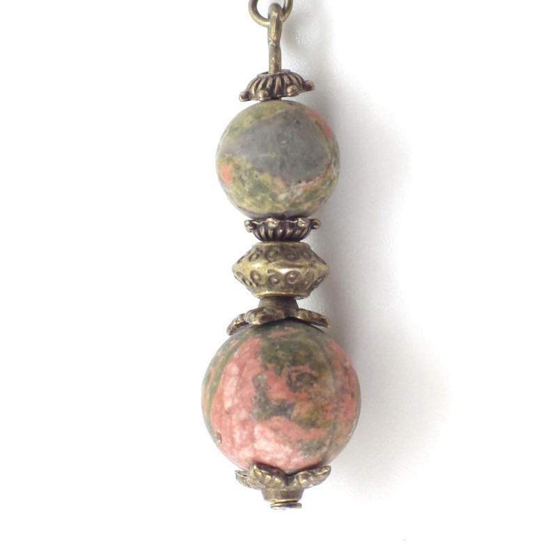 Ohrringe aus grünen Unakite-Perlen und antiken Bronzeperlen