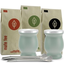 caámate. Mate Tea Set Organic ● 3 Mates + 2 Double-Walled Stainless Steel Mate Cups + 2 Bombillas + Preparation Instructions (Green)