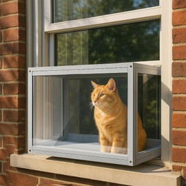 DoubleFill Acrylic Cat Window Box Catio Perch Outdoor Cat Enclosure with Waterproof Transparent Top Fits Double Hung Wooden Frames 24" to 36" Wide for Sunbathing, Napping, Nature Viewing