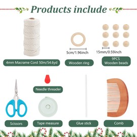 FREEBLOSS DIY Macrame Christmas Tree Kit Natural White Christmas Tree Hanging Ornaments Wall Hanging Tapestry with Wooden Beads Macrame Tassels Wall Hanging Macrame Kit for Beginners