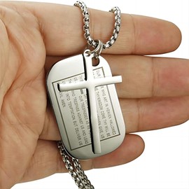 Stainless Steel Dog Tag Cross Pendant Necklace for Men Women Serenity Prayer Bible Verses Inspirational Pendant Necklace Christian God Bless Jewelry (Silver)
