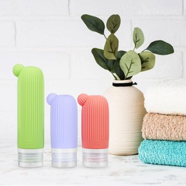 NOLITOY 3pcs Silicone Travel Bottles Squeezable Lotion Bottles Refillable Containers Leak Squeeze Dispenser for Soap Liquids Business Travel Accessories, 12.90X4.20X3.69CM, Green + Purple + Pink