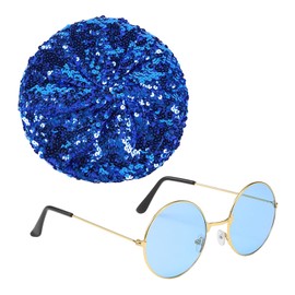 MEMOFYND 1 Piece Millinery and 1 Piece Carnival Glasses, Glitter Suit, Colorful Sequin Hat, Glitter Beret, Hip Hop Sunglasses, Retro Round Glasses, Suitable for Masquerade, Party, Prom Dress（Blue）